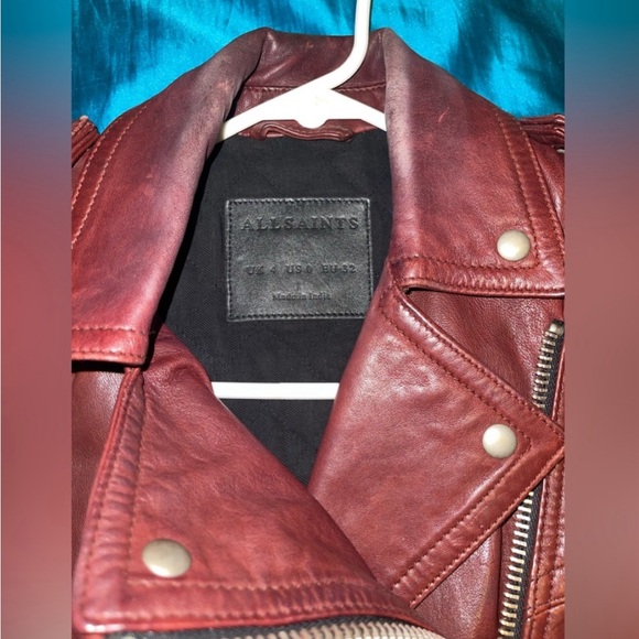All Saints Women’s Biker Leather Jacket Deep Wine Red Size US 0 - Picture 8 of 12